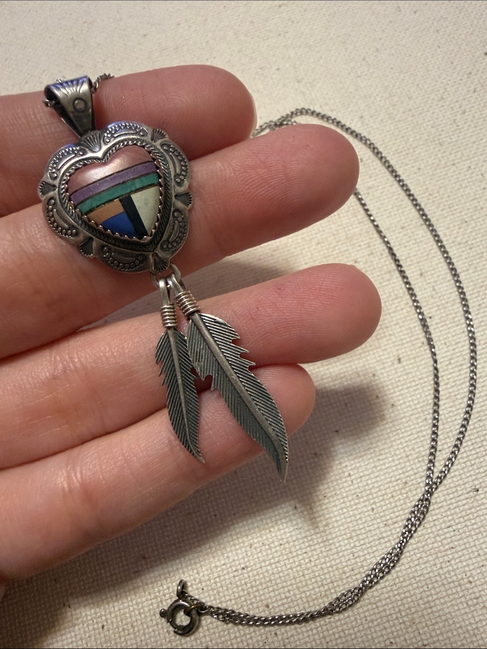 Vintage QT Sterling Silver Zuni Heart Inlay Pendant Necklace W/Dangling Feathers